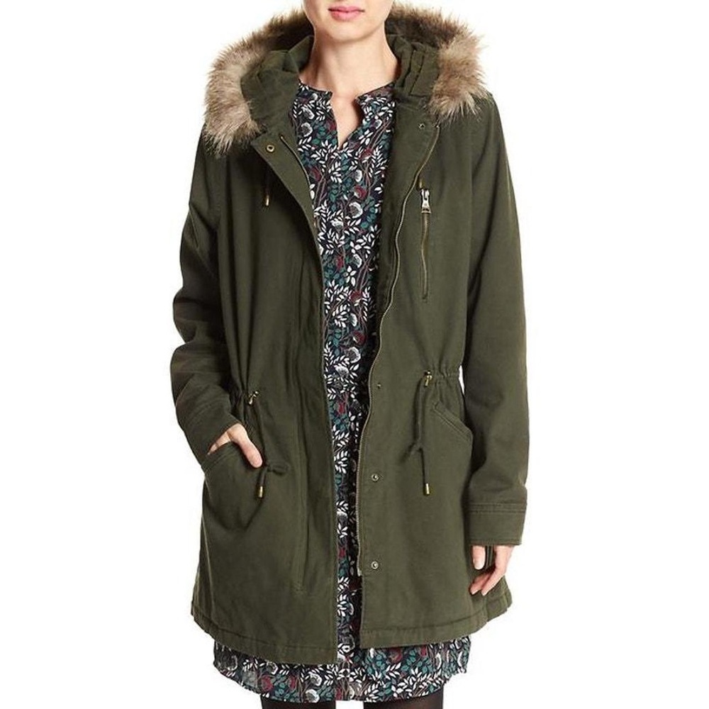 Banana Republic - FAUX-FUR TWILL PARKA w Fur Trimmed Hood - Olive Green - Size L